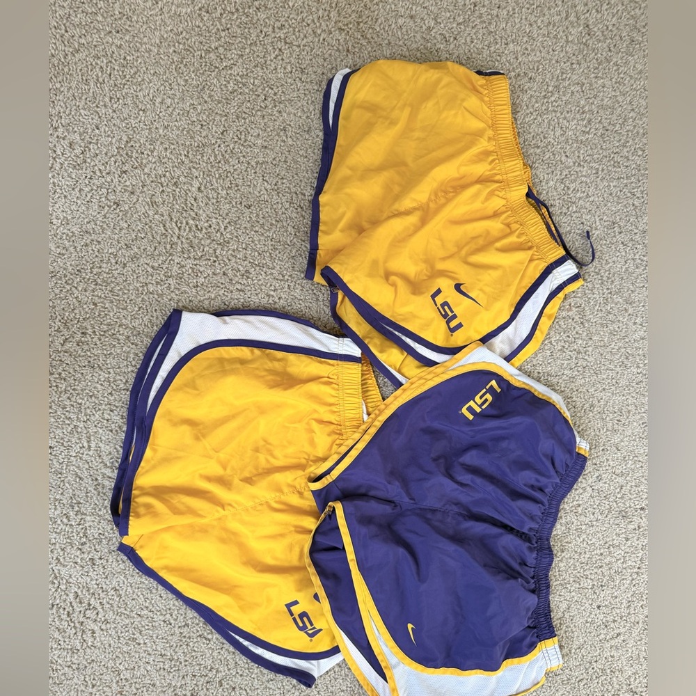 Nike Purple and Yellow LSU Athletic Shorts Trio -plus black Nike socks